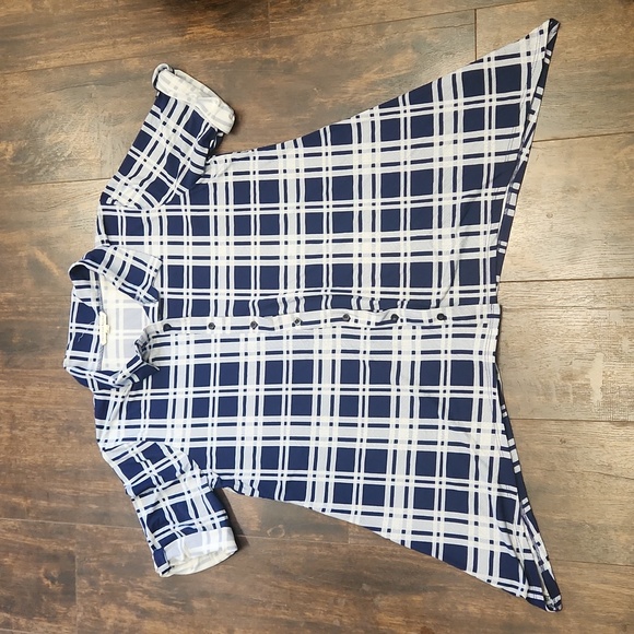 ABOVE+BEYOND plaid tunic 1X roll tab short sleeve blue+white flared button down - Picture 1 of 2